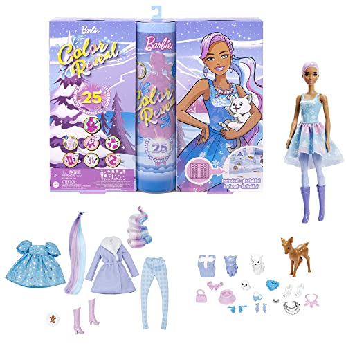 Barbie HJD60 - Color Reveal-Adventskalender, 1 Color Reveal-Puppe und 3 Tiere, Kleidung, Accessoires und 2 Haarverlängerungen, 25 Überraschungen, Kinder ab 3 Jahren