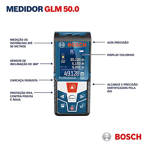 Bosch Professional Laser Entfernungsmesser GLM 500 (Arbeitsbereich: 0,05–50 m, Neigungswinkel: 0–360°, Messgenauigkeit: +/- 1,5 mm, 2 Batterien, AAA, in Kartonschachtel)
